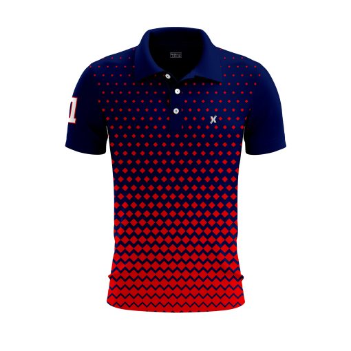 Navy & Red Polo Shirt – Gradient Diamond Pattern with Sporty Number Detail - Image 3