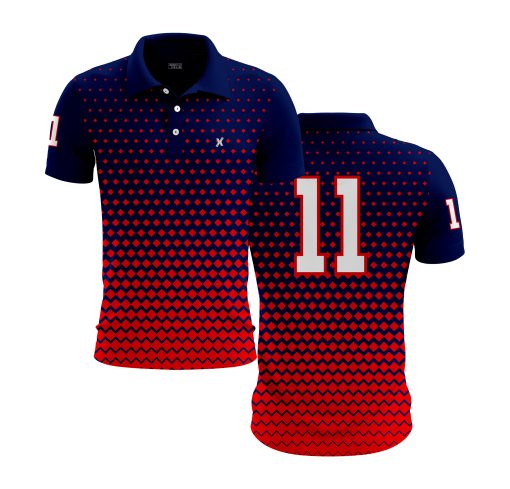 Navy & Red Polo Shirt – Gradient Diamond Pattern with Sporty Number Detail - Image 4