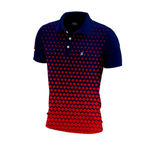 Navy & Red Polo Shirt – Gradient Diamond Pattern with Sporty Number Detail