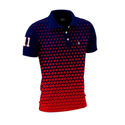 Navy & Red Polo Shirt – Gradient Diamond Pattern with Sporty Number Detail - Image 6