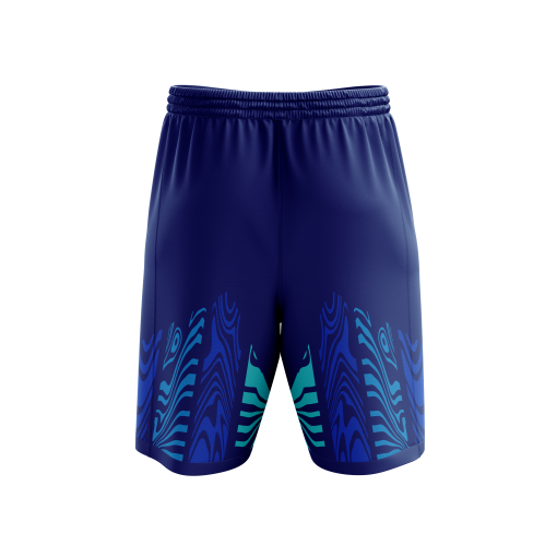 Men's Elite Performance Soccer Shorts in Deep Navy Blue with Vibrant Tribal-Inspired Aqua Graphic Detailing - Image 2