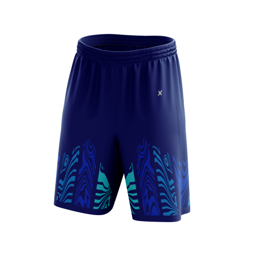 Men's Elite Performance Soccer Shorts in Deep Navy Blue with Vibrant Tribal-Inspired Aqua Graphic Detailing