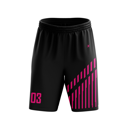 Men’s High-Performance Soccer Shorts in Jet Black with Striking Neon Pink Diagonal Stripe Graphic and Player Number Detail - Image 3