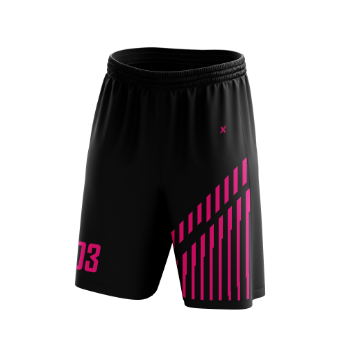 Men’s High-Performance Soccer Shorts in Jet Black with Striking Neon Pink Diagonal Stripe Graphic and Player Number Detail