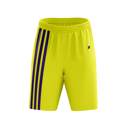 Vibrant Yellow Athletic Shorts with Deep Purple Triple Side Stripes – Dynamic Sportswear