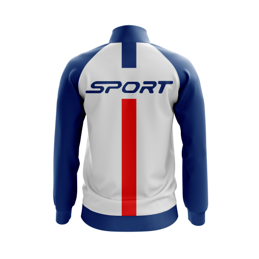 Patriotic Performance Soccer Jacket – White, Red & Blue Track Jacket Featuring Bold V-Stripe Front Design - Image 2