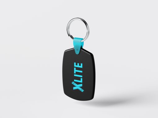 Sporty Black and Blue XLITE Keychain with Vertical Logo Design